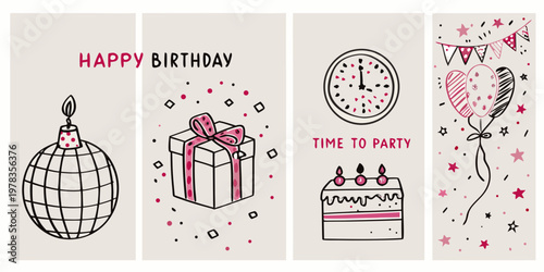 Four illustrated birthday story panels with festive decorations and text