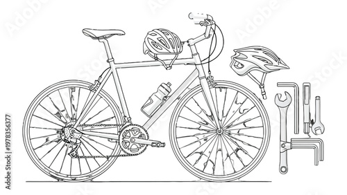 Cycling Essentials: A detailed line art illustration showcases a bicycle complete with essential gear, including a helmet, tools, and water bottle.