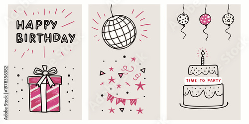 Festive birthday illustrations balloons cake gift and celebratory text