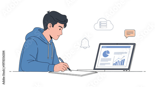 A man working on laptop with graphs.
