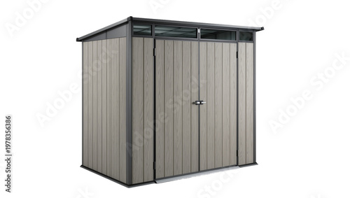 Foto Tall grey metal garden shed with double doors, isolated on transparent backgroun