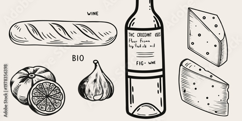 A sketched arrangement of wine cheese bread and figs on a beige background