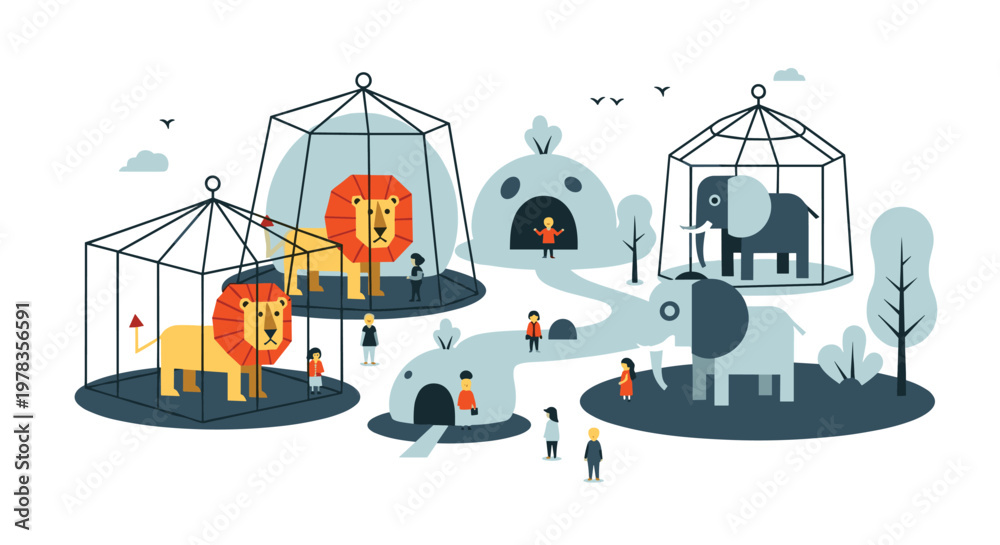 Fototapeta premium Charming flat design vector illustration of a zoo with happy visitors observing lions and elephants in their designated habitats.