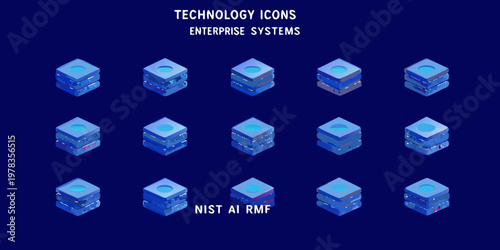 Isometric blue technology icons representing enterprise systems and ai risk management