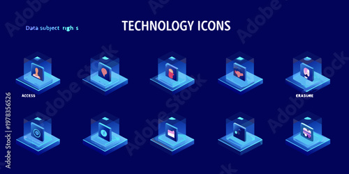 Isometric technology icons displayed on blue platforms with glowing effects