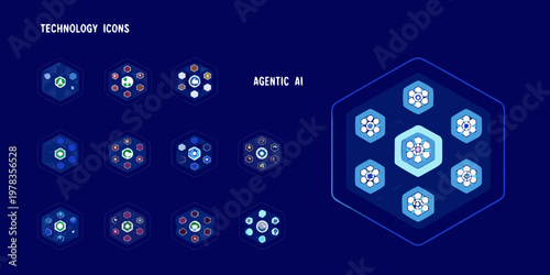 Blue hexagonal icons representing technology and artificial intelligence concepts