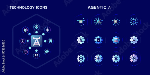 Technology icons representing artificial intelligence automation and digital networks