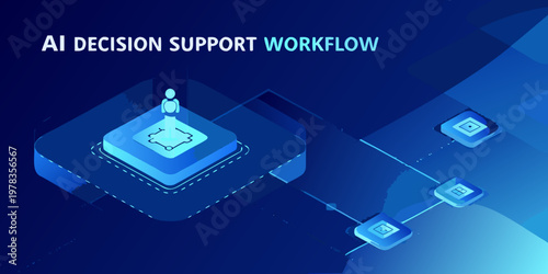 Ai decision support workflow illustrated with a person and connecting blocks