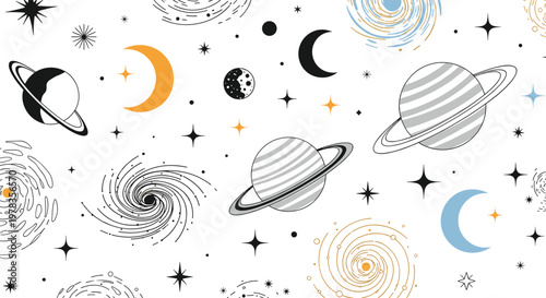 Seamless cosmic pattern with doodle-style planets moons stars and galaxies in a celestial line art design on a white background.