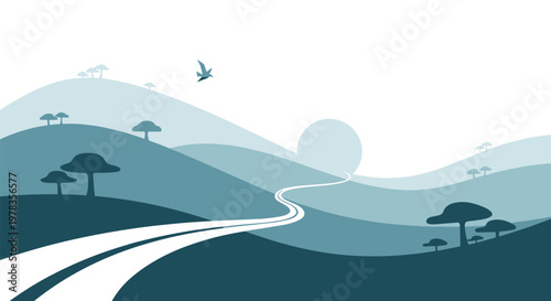 Serene monochromatic landscape illustration of rolling hills a winding road and a bird in flight creating a peaceful atmosphere.