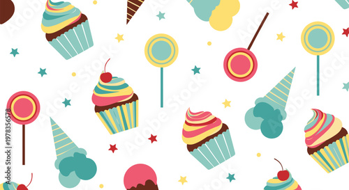 Delightful seamless pattern featuring colorful cupcakes ice cream cones lollipops and stars for a fun and sweet background design.