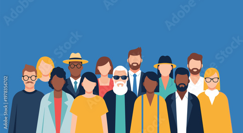 A diverse group of people from different ethnicities and ages standing together to represent community society and teamwork.