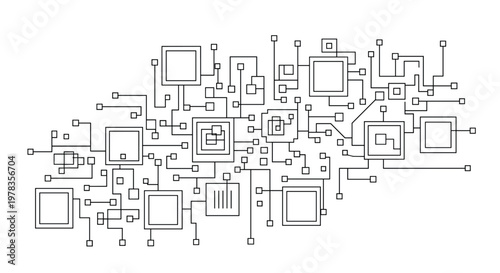 Abstract black and white line art illustration of a complex microchip or network diagram representing technology and connection.