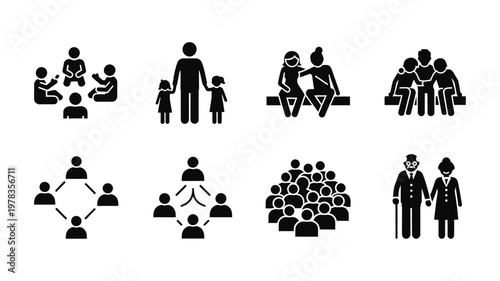 Black silhouette icons of people and relationships.