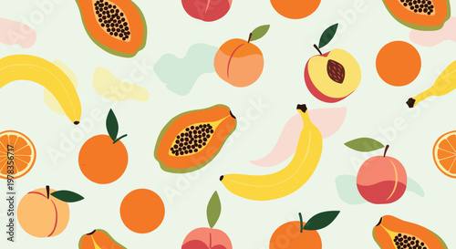 A fresh and vibrant seamless pattern of tropical fruits including papaya bananas oranges and peaches on a light green background.