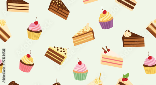 A sweet and delicious seamless pattern of assorted cake slices and cupcakes with cherries and frosting on a light green background.