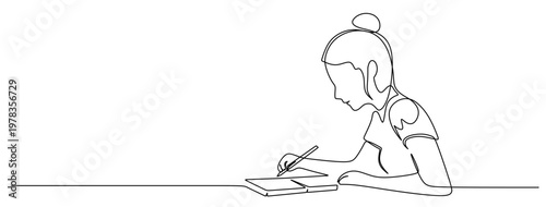 a single continuous line art drawing of a woman sitting and concentrating on writing or drawing on a book. single line vector drawing