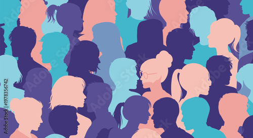 A seamless pattern of overlapping colorful silhouettes of diverse people in profile representing community and communication.