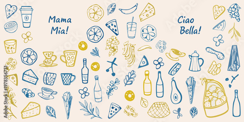Hand drawn illustration of food drinks and italian phrases on a beige background