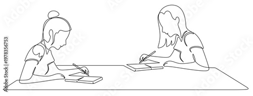 a single continuous line art drawing of two woman sitting and concentrating on writing or drawing on a book. single line vector drawing