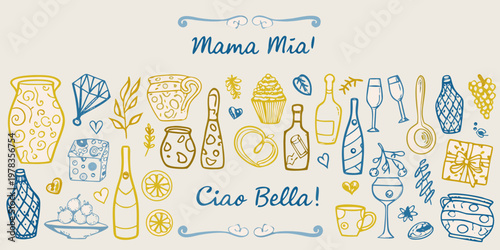 Hand drawn illustration featuring celebratory items like champagne cakes and gifts