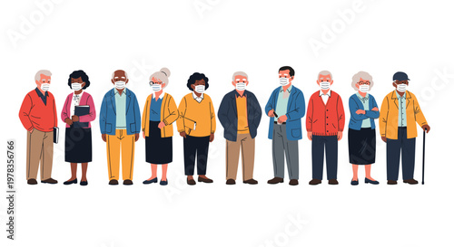 A diverse group of elderly senior citizens standing together and wearing protective face masks during a health pandemic concept.