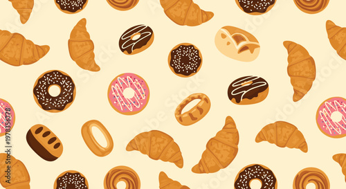 A delicious seamless pattern of assorted baked goods including croissants chocolate donuts and sweet buns on a light background.
