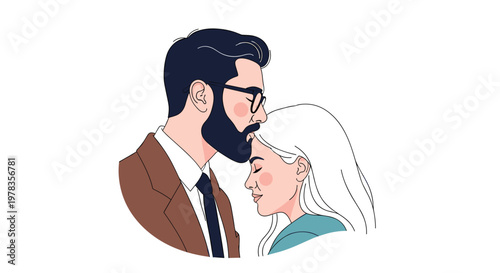 A tender and romantic line art illustration of a bearded man with glasses gently kissing a woman's forehead with love.