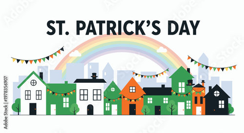 A festive St Patrick's Day cityscape with colorful houses a vibrant rainbow and celebratory banners in a flat design style.