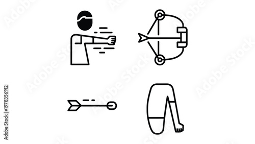Archery Pictograms: A clean graphic representation of archery, showcasing the archer in action, the crossbow mechanism, the arrow in flight, and the archer's arm guard.