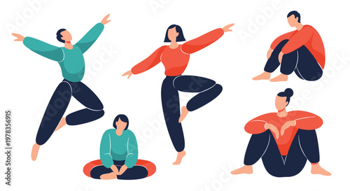A set of five stylish characters in different dynamic poses including dancing jumping sitting and meditating for modern design.