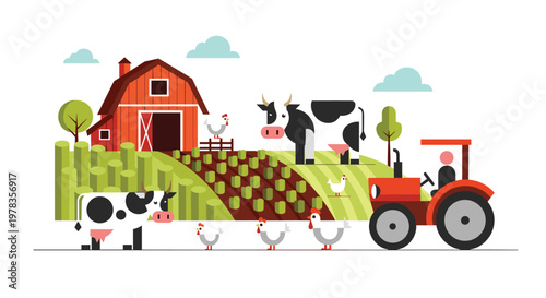 A charming flat design illustration of a farm scene with a red barn a tractor cows and chickens in a rural landscape.