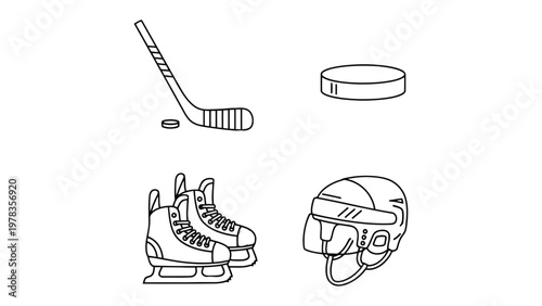 Hockey Essentials: An illustrative representation of hockey equipment, including a stick, puck, skates, and helmet. Perfectly capturing the essence of the game and its essential tools.
