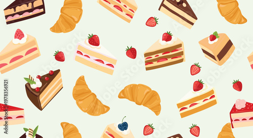 A sweet seamless pattern of delicious desserts including strawberry shortcake croissants and fresh strawberries on a light background.