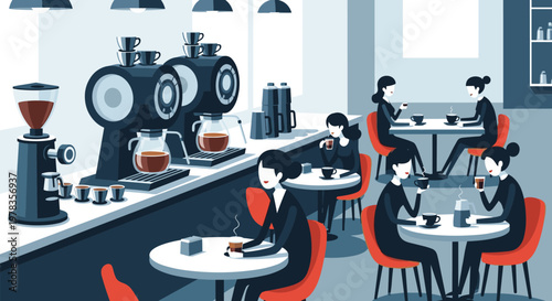A stylish monochromatic illustration of a bustling modern coffee shop with customers enjoying their coffee and a detailed counter.