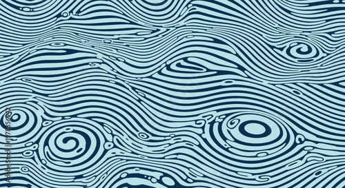 An abstract seamless pattern of stylized blue and black wavy lines creating a dynamic texture similar to wood grain or water.