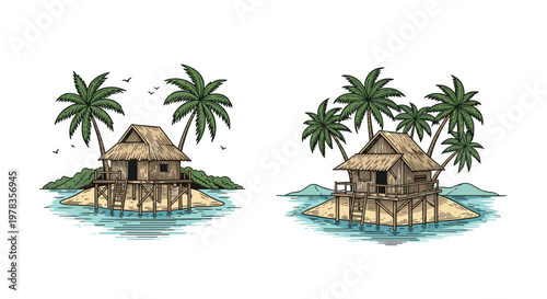 Two hand-drawn vintage illustrations of a tropical beach hut on a small island with palm trees perfect for travel logos.