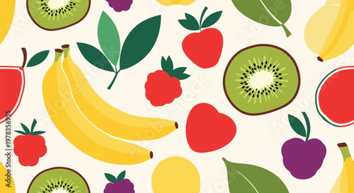 A bright and healthy seamless pattern of assorted fresh fruits including kiwi banana strawberry and apple in a fun design.