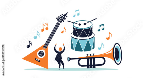 A fun and whimsical vector illustration of a musician dancing with oversized instruments like a balalaika trumpet and drums.