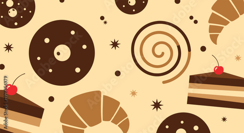 A delicious seamless pattern of chocolate-themed pastries including donuts cake slices croissants and cinnamon rolls for a bakery.