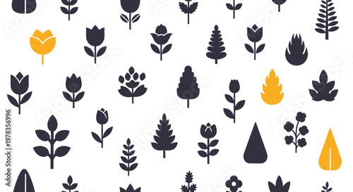 A modern seamless pattern of minimalist floral and tree silhouettes in a striking black and yellow color palette for design.