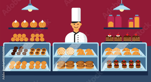 A flat design illustration of a smiling baker or chef standing behind a counter full of delicious pastries in a bakery shop.