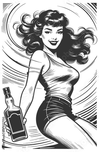 confident woman holding a whiskey bottle, with dynamic lines and vintage pinup aesthetic sketch engraving generative ai fictional character vector illustration. Scratch board. Black and white image.