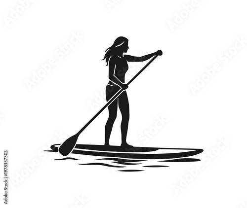 Woman Stand Up Paddle Boarding Silhouette Vector Illustration