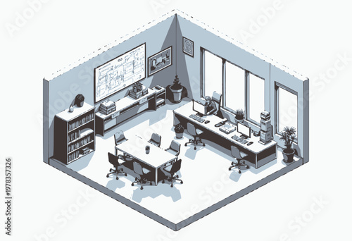 Modern office space featuring a collaborative conference area with ergonomic chairs, desks with computer equipment, and abundant natural light from large windows