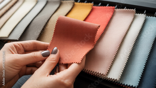 A close-up of a hand holding a brown leather notebook featuring a zipper detail and macro texture against a black business jacket