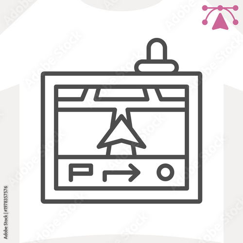 Car navigator with map direction arrow line icon, technology concept. Vector graphics. Screen with navigation pointer sign and editable stroke, outline style icon for mobile or web design.