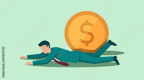 Businessman crushed by giant dollar coin, symbolizing financial burden or debt