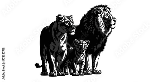 Majestic Lion Family Portrait - King, Queen, and Cub