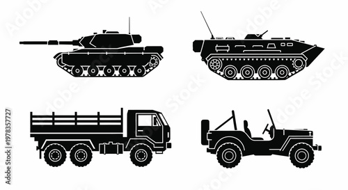 Military Army Tank Jeep Armored Vehicle Black Vector Icons